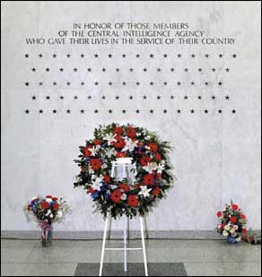 Photo of words and stars on the north wall foyer of CIA HQ Bldg, immortalizing CIA oficers who lost their lives